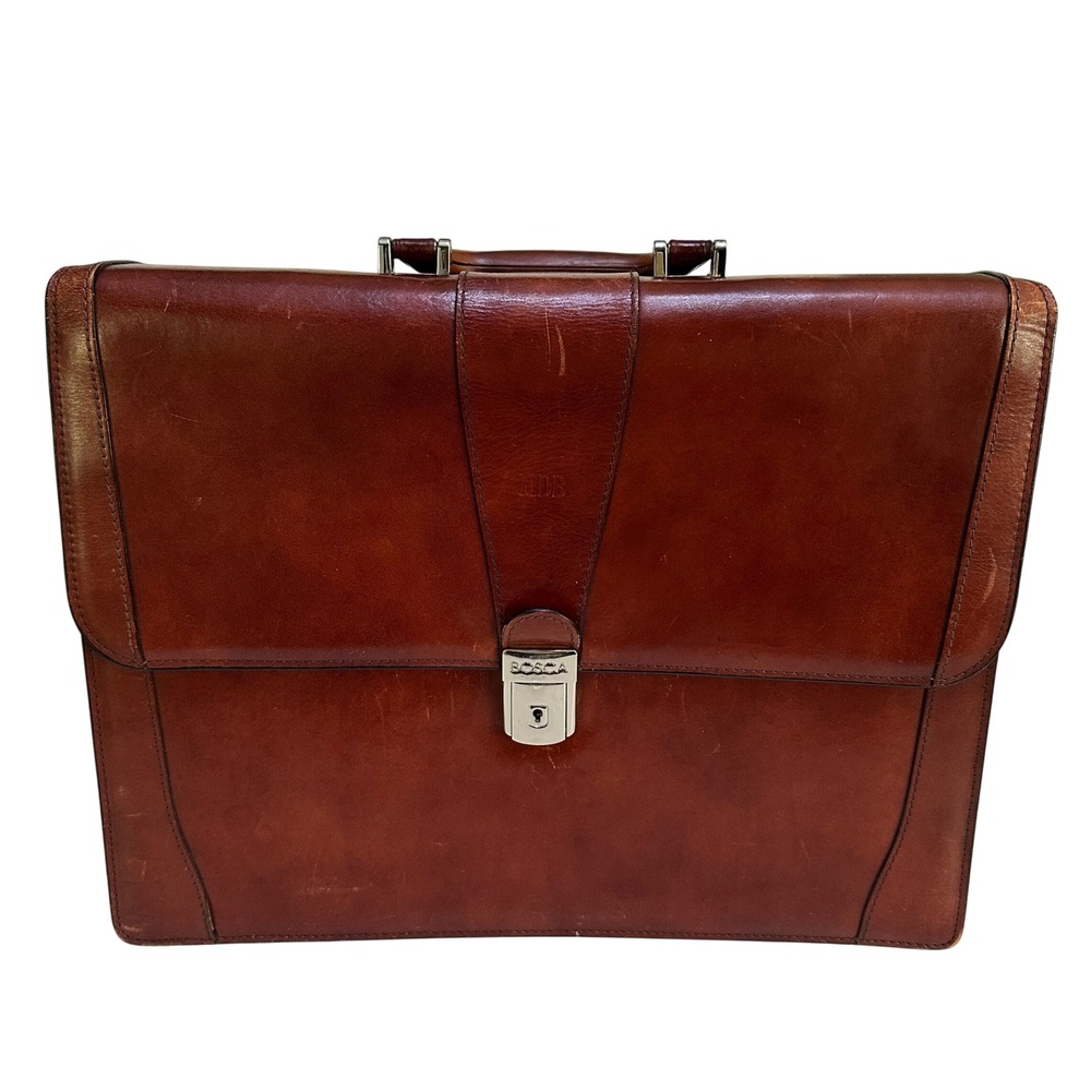 Bosca Old Leather Flap Over Briefcase Attache Doctors Lawyer Messenger Bag W/Key
